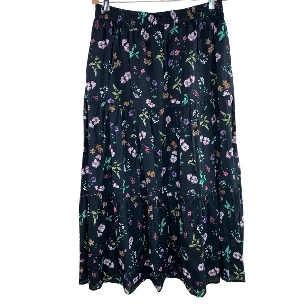 Antthony HSN Black Floral Cottagecore 100% Cotton Tiered Skirt w/Pockets Sz L